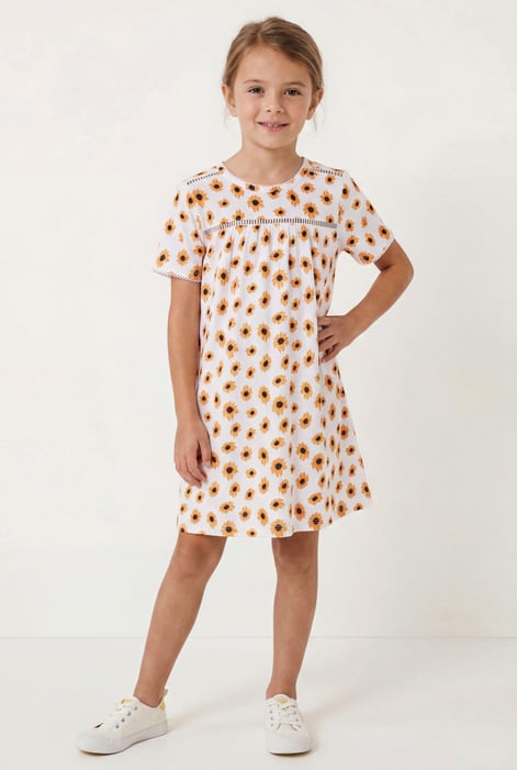 Girls White Lace Details Sunflower Print Dress  (5yrs - 11yrs)