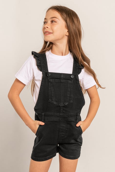 Girls Black Denim Ruffle Sleeve Short Dungarees(2/3yrs-8/9yrs)