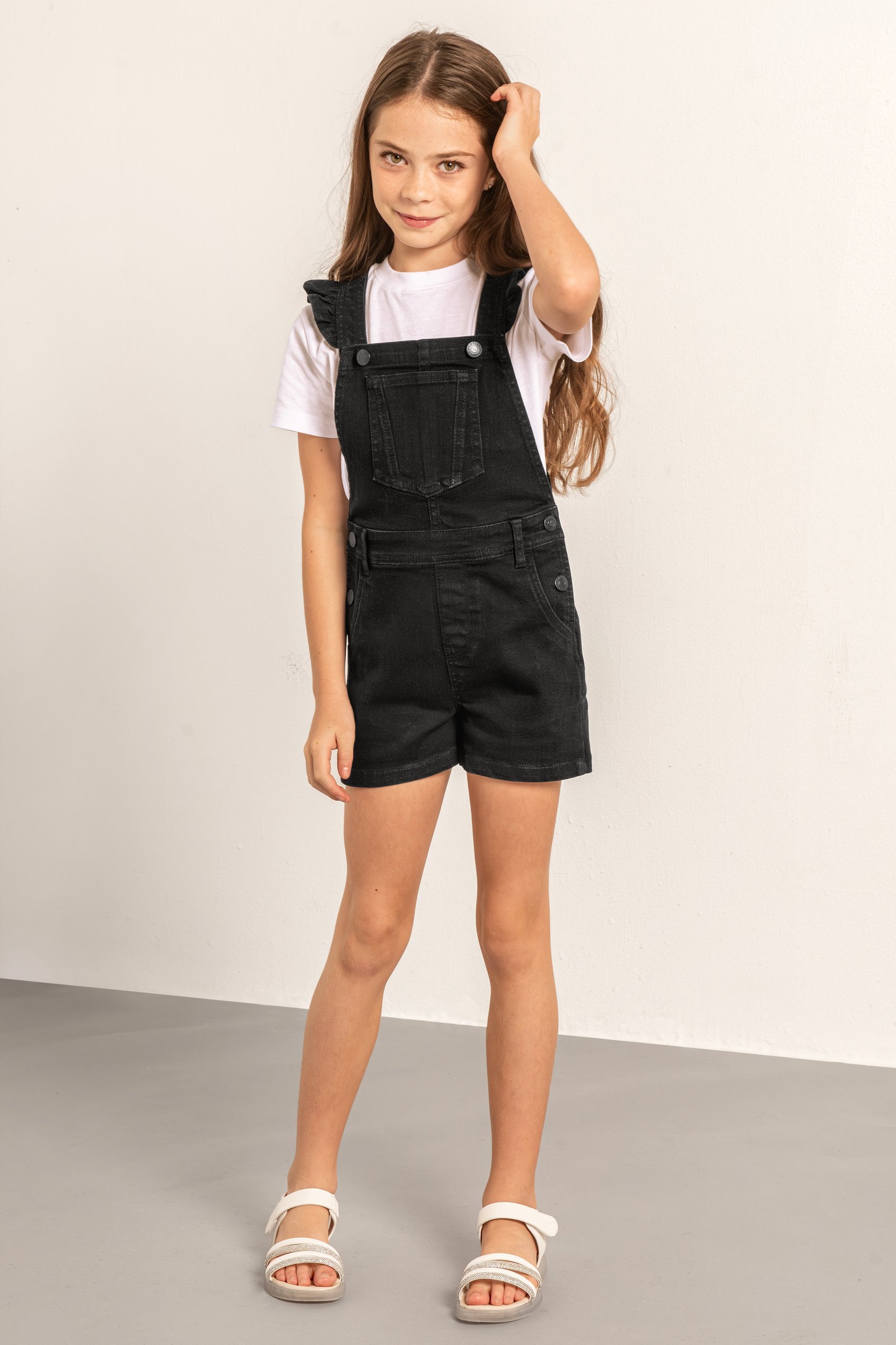 Girls Denim Ruffle Sleeve Short Dungarees(2/3yrs-8/9yrs)