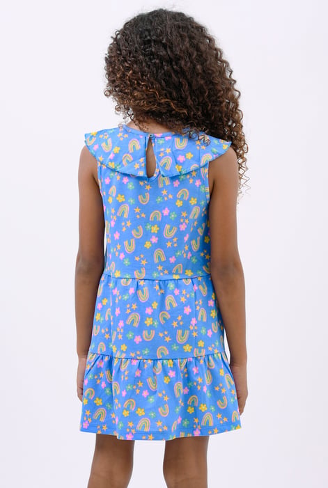 Girls Blue Ruffle Neck Jersey Dress