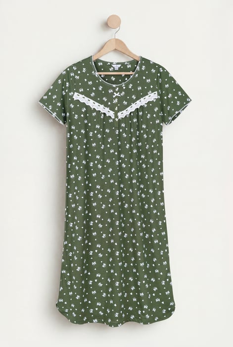 Green Butterfly Printed S/S Nightwear With Lacetrims