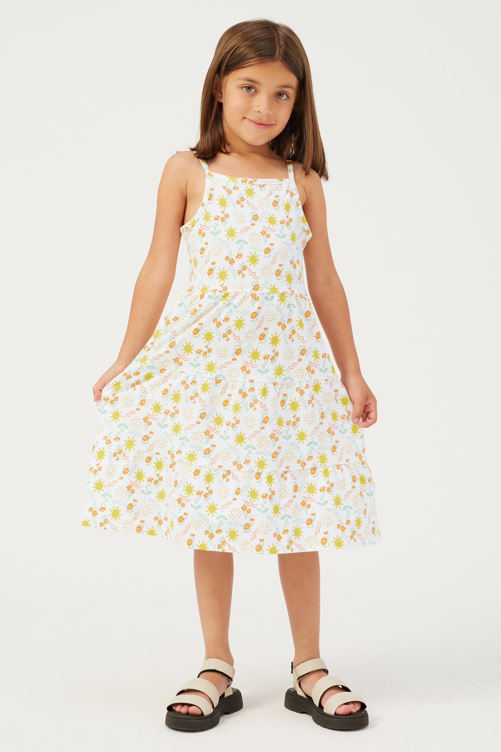 Girls Printed Tiered Strappy Jersey Dress