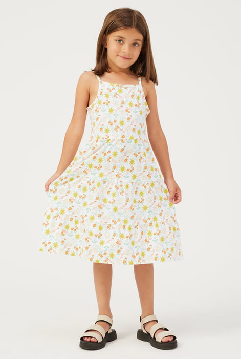 Girls White Printed Tiered Strappy Jersey Dress