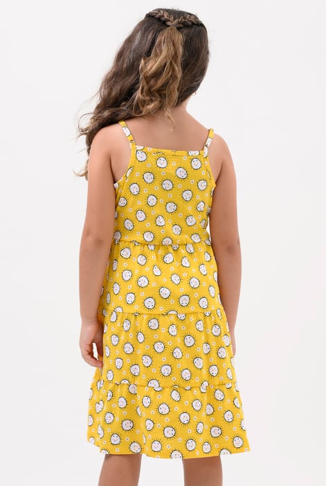 Girls Yellow Printed Tiered Strappy Jersey Dress