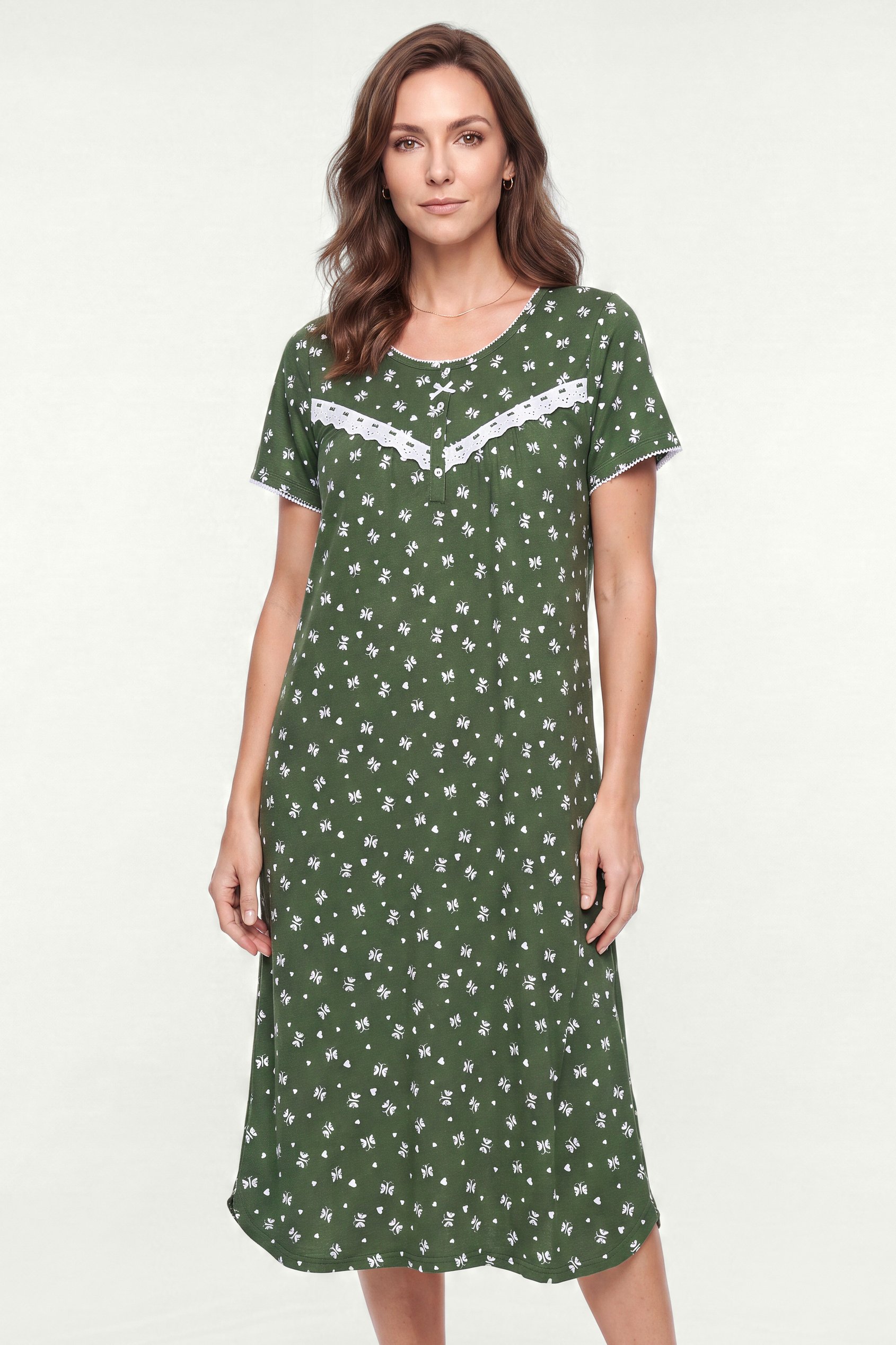 Butterfly Printed S/S Nightwear With Lacetrims