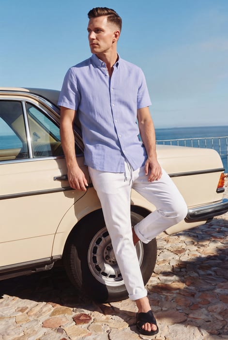 Men's Blue Linen Blend Short Sleeve Shirt | Enorsia
