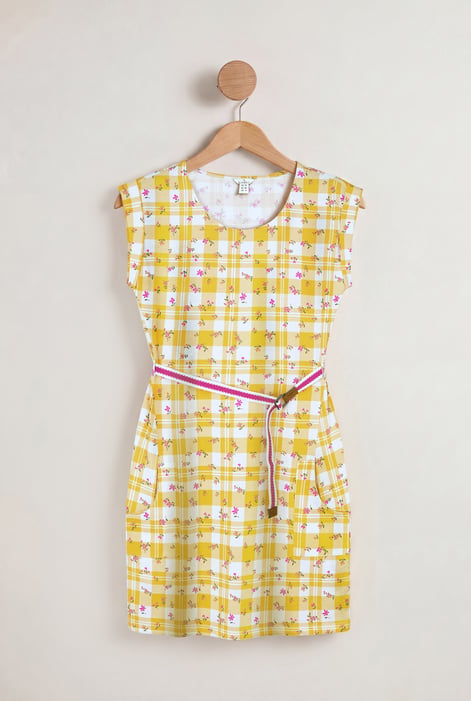 Yellow Belted Printed Jersey Dress