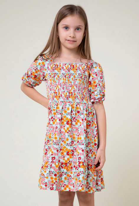 Girls Pink Printed Smoky Tiered Dress ( 5yrs-11yrs)