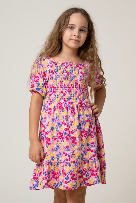 Girls Pink Printed Smoky Tiered Dress ( 5yrs-11yrs)