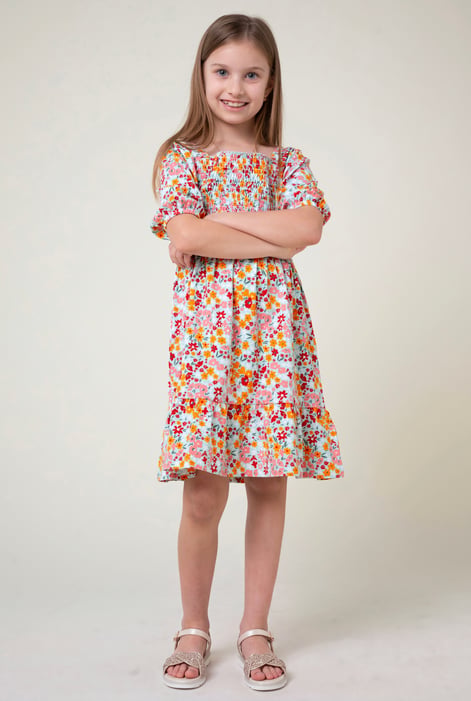 Girls Orange Printed Smoky Tiered Dress ( 5yrs-11yrs)