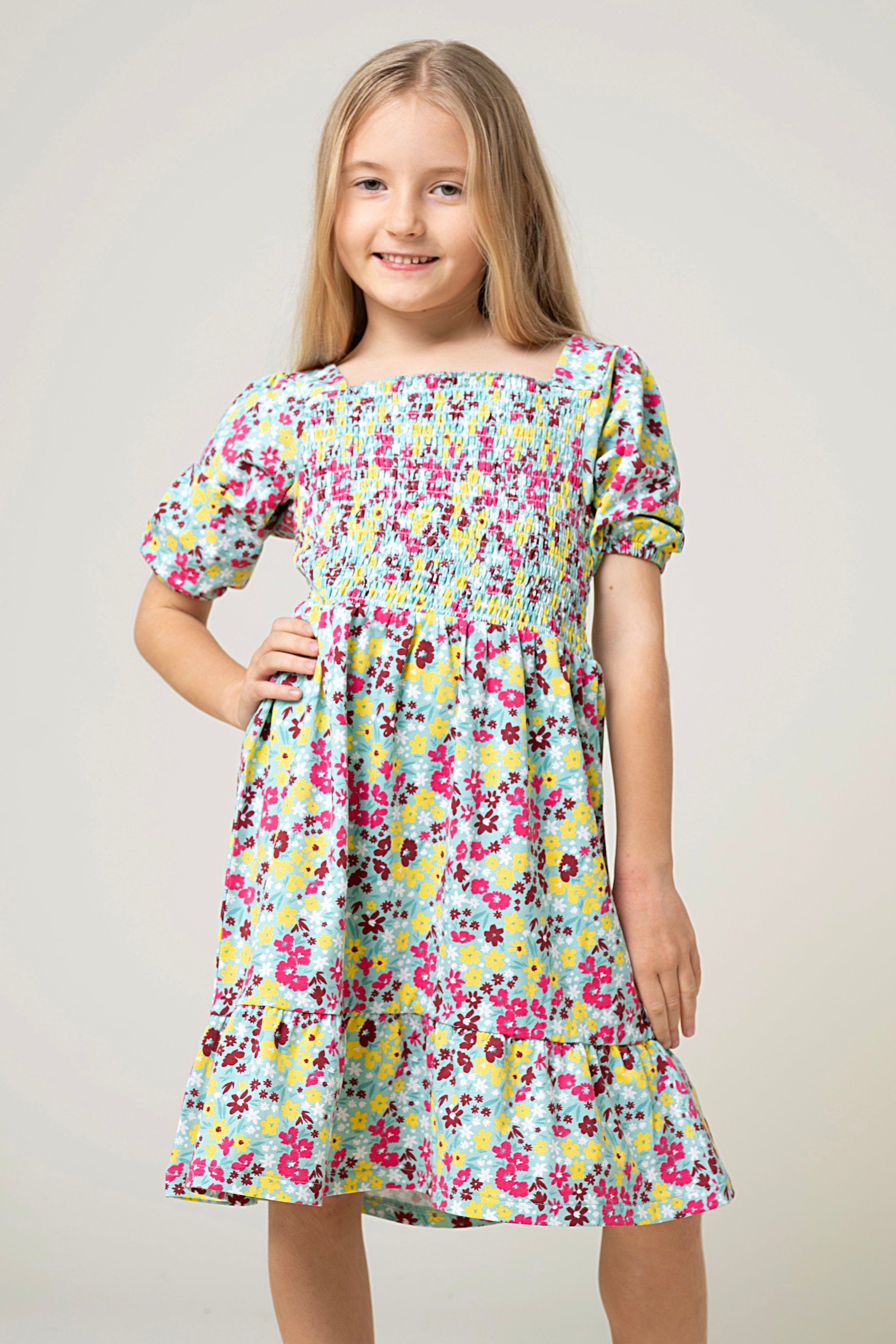 Girls Printed Smoky Tiered Dress ( 5yrs-11yrs)