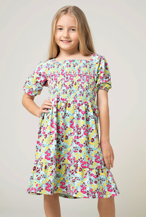 Girls Pink Printed Smoky Tiered Dress ( 5yrs-11yrs)