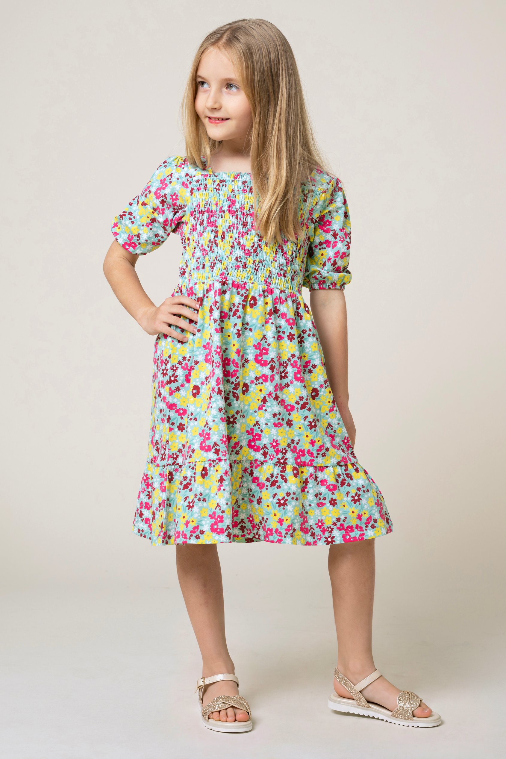 Girls Printed Smoky Tiered Dress ( 5yrs-11yrs)