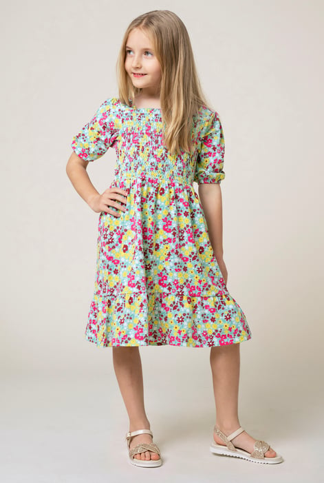 Girls Green Printed Smoky Tiered Dress ( 5yrs-11yrs)