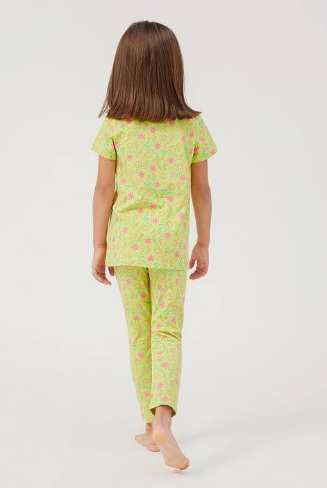 Girls Green Sun Flower Print Pyjama Set