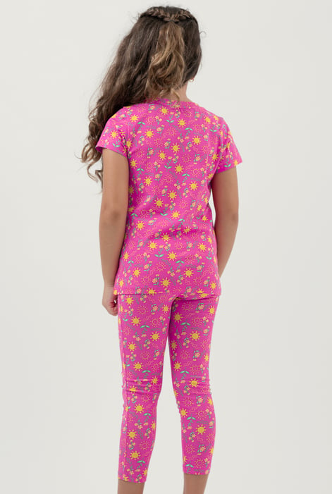 Girls Pink Sun Flower Print Pyjama Set