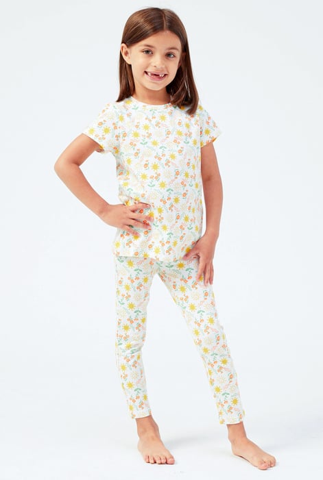 Girls White Sun Flower Print Pyjama Set
