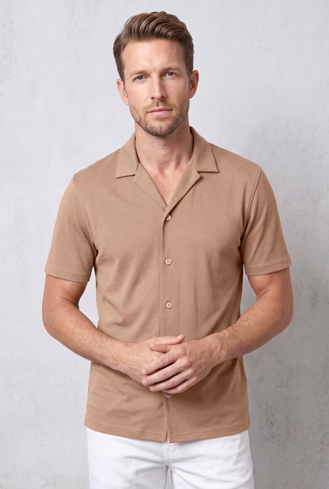 Mens Tan Regular Fit Revere Collar Jersey Shirt