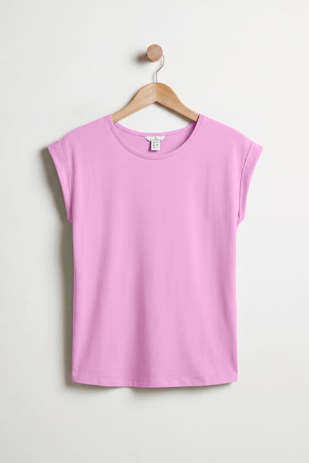 Shoulder Padded Cap-Sleeve Roll-Up T-Shirt