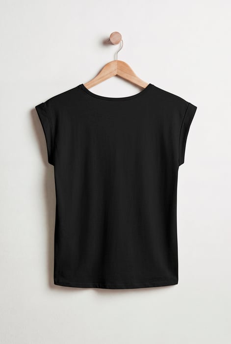 Black Shoulder Padded Cap-Sleeve Roll-Up T-Shirt