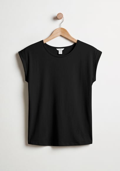 Shoulder Padded Cap-Sleeve Roll-Up T-Shirt