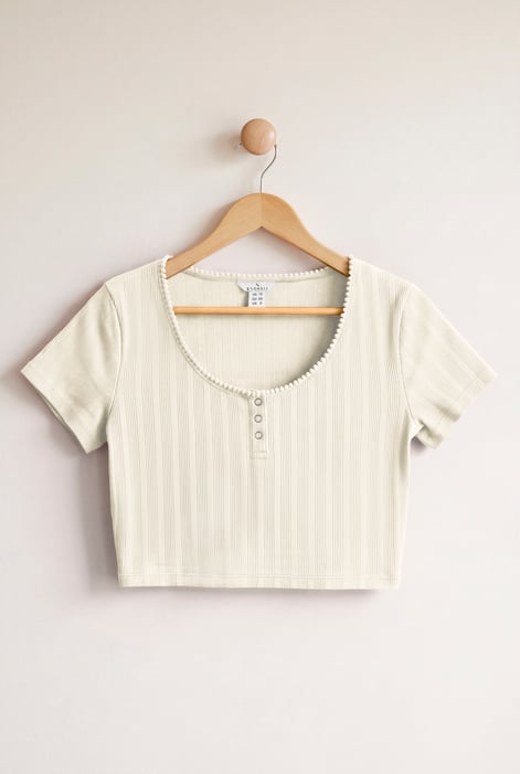 Women's White Ribbed Button-Up Short Sleeve T-Shirts
