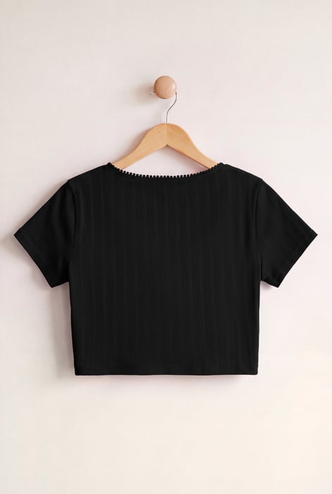 Women's Black Ribbed Button-Up Short Sleeve T-Shirts