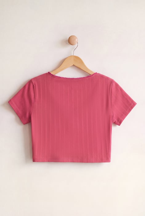 Women's Red Ribbed Button-Up Short Sleeve T-Shirts