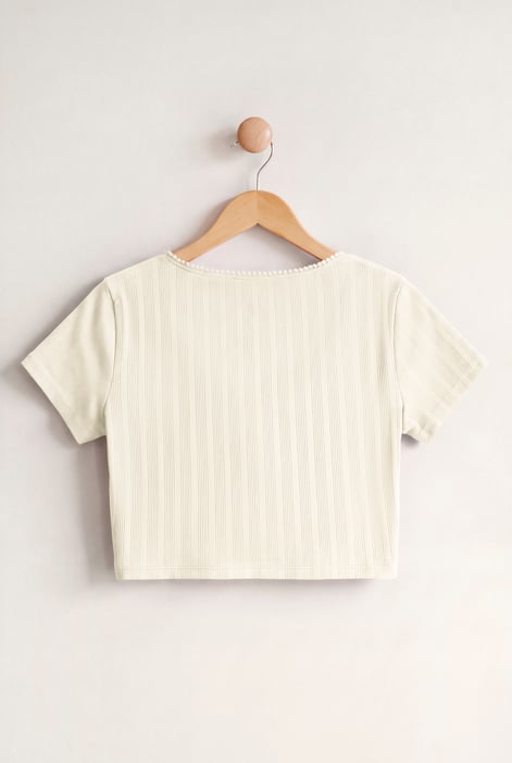 Women's White Ribbed Button-Up Short Sleeve T-Shirts