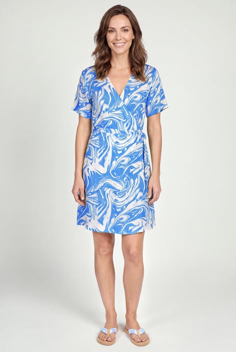 Blue Fluid Print Wrap Dress