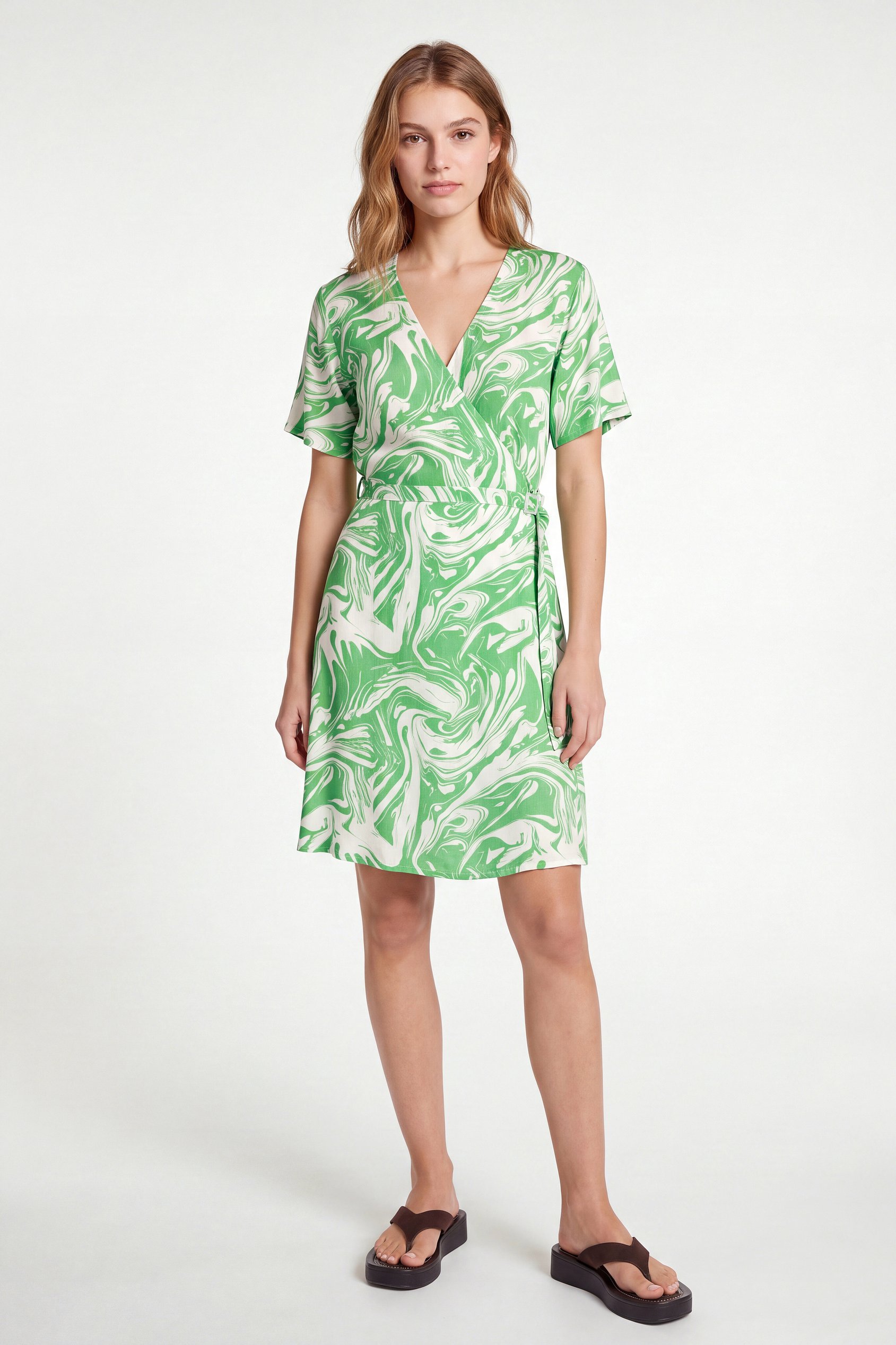 Enorsia Women's Green Abstract Print Short Sleeve Wrap Dress - Uk 18