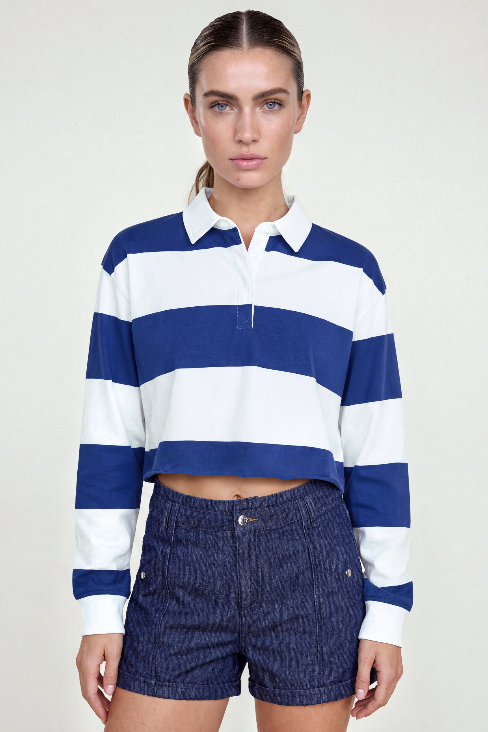Enorsia Women's Blue ’S Stripe Cropped Rugby Top - Uk 10