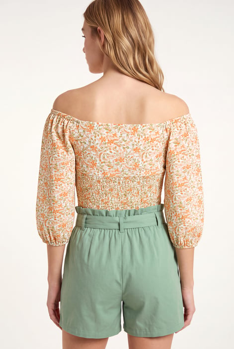 Orange Floral Bardot Smocked Crop Top
