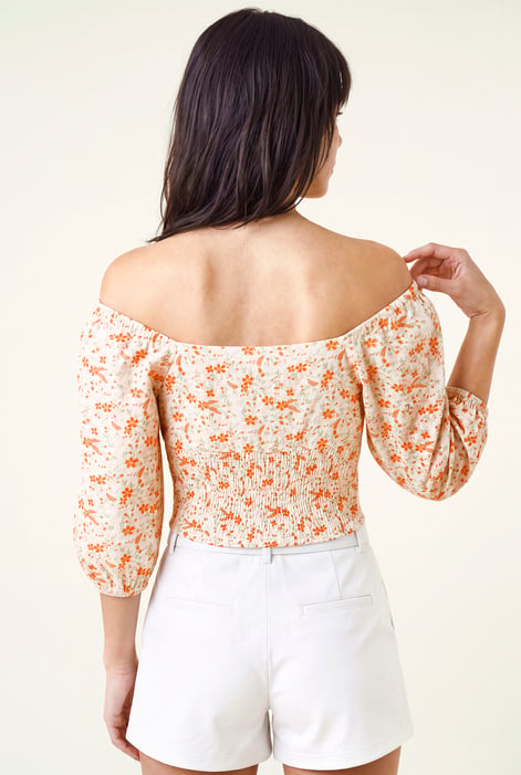 Red Floral Bardot Smocked Crop Top