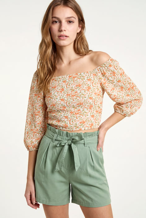 Red Floral Bardot Smocked Crop Top
