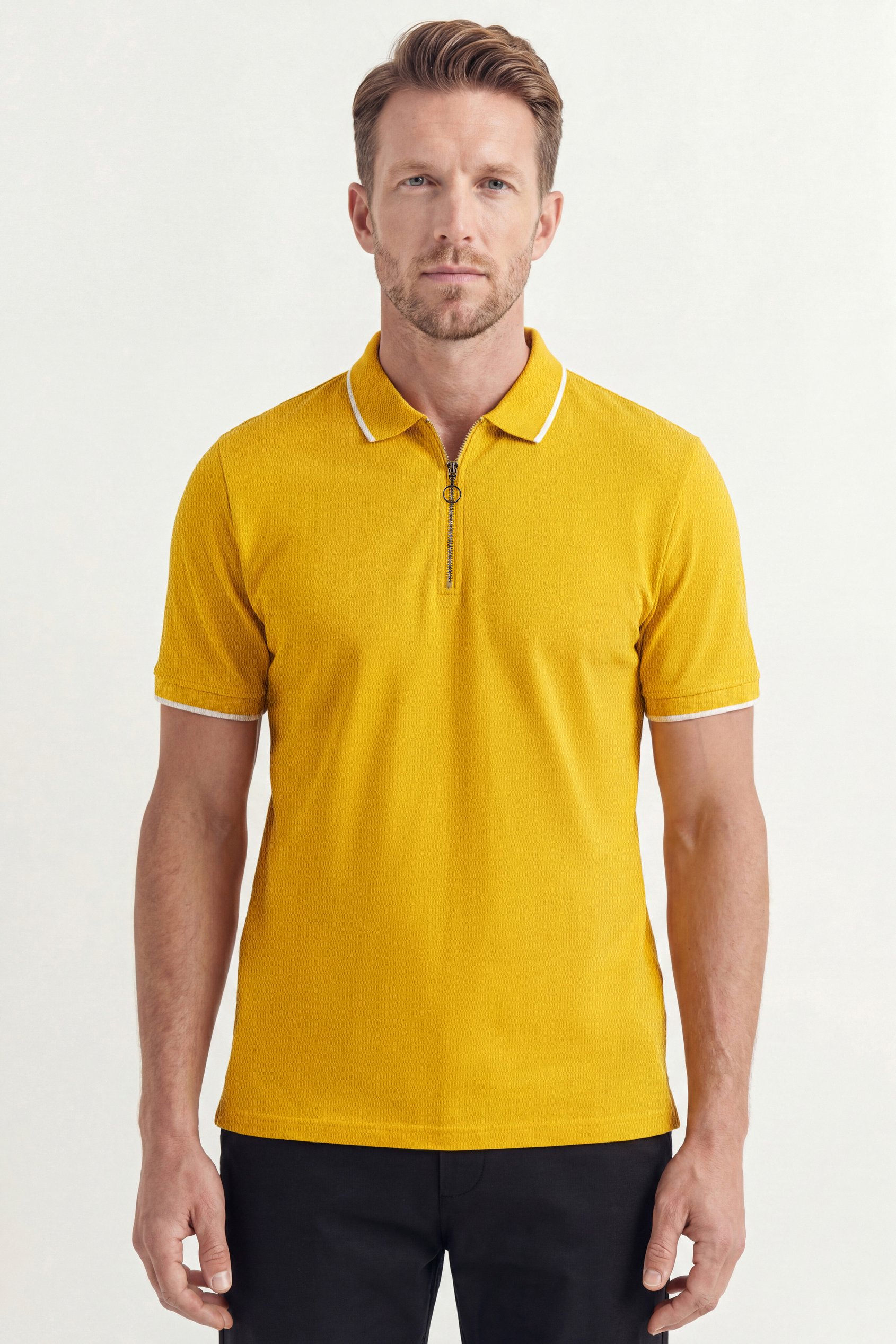 Enorsia Men's Yellow Regular Fit Tipped Quarter Zip Polo Shirt - Uk Xl
