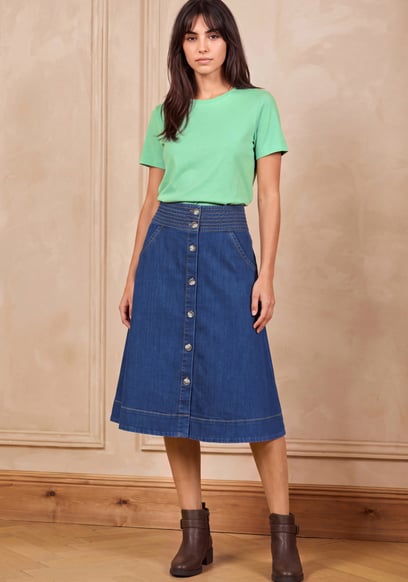 Button Detail Denim A-Line Midi Skirt