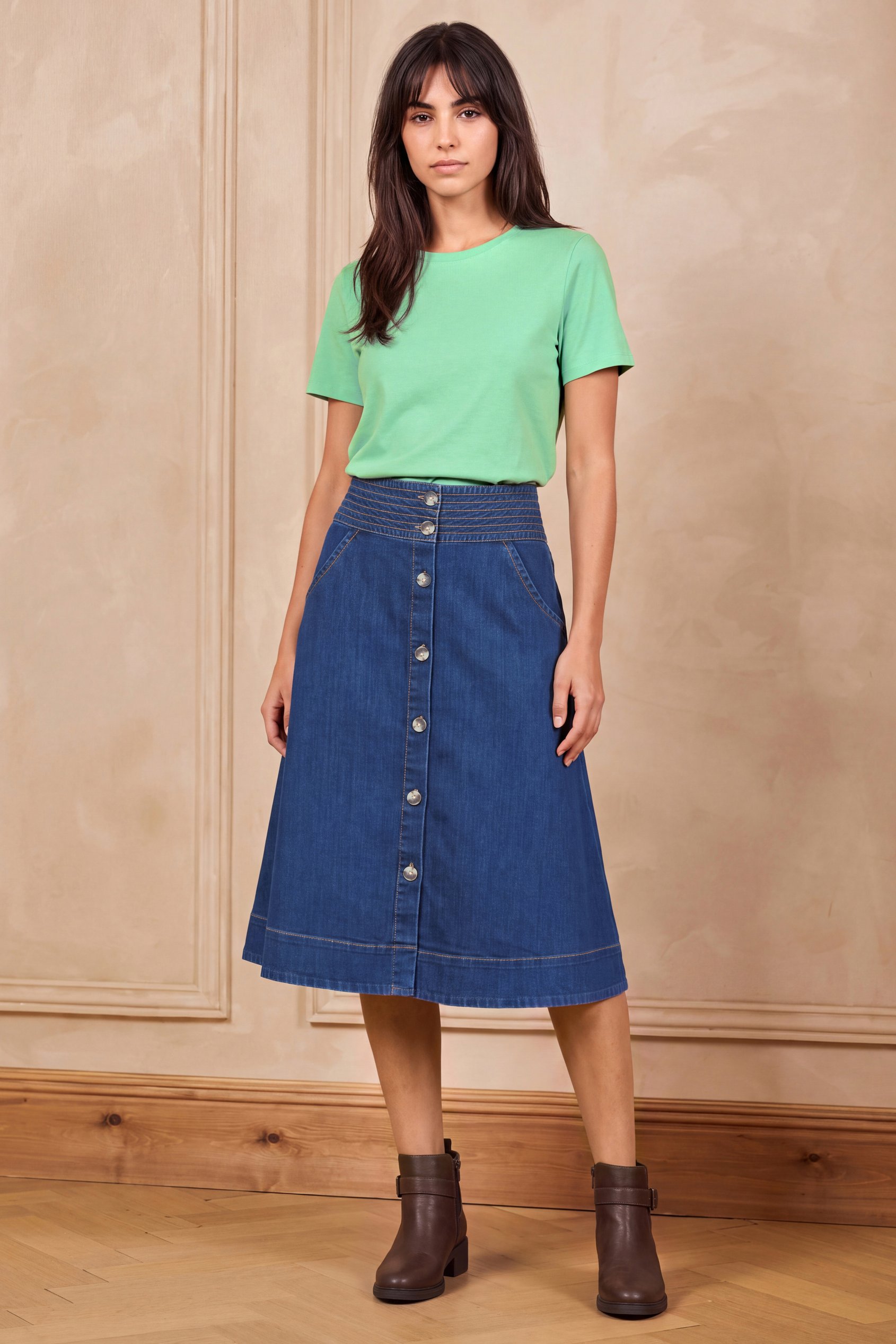 Button Detail Denim A-Line Midi Skirt
