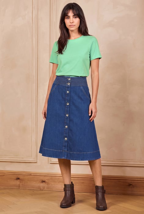 Button Detail Denim A-Line Midi Skirt