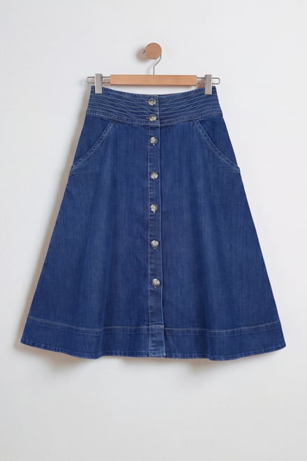 Button Detail Denim A-Line Midi Skirt