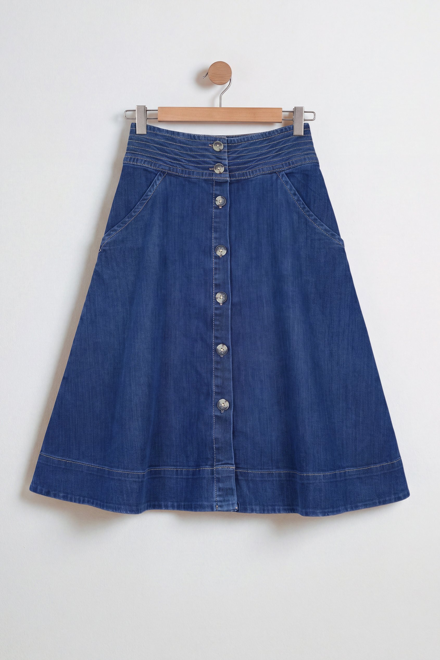 Button Detail Denim A-Line Midi Skirt