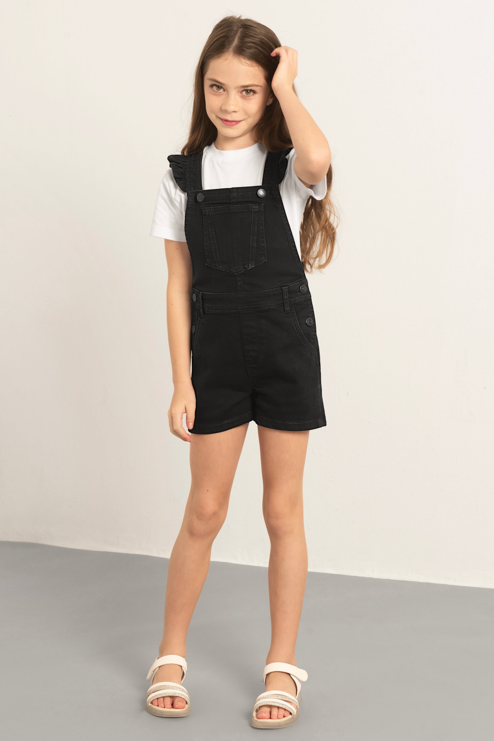 Girls Denim Ruffle Sleeve Short Dungarees(2/3yrs-8/9yrs)