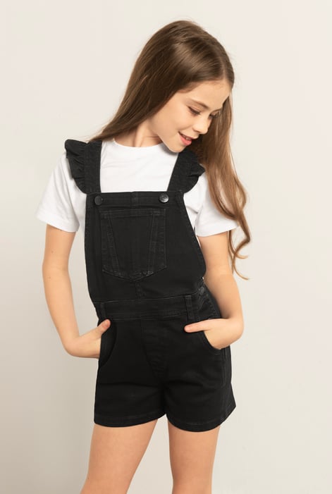 Girls Black Denim Ruffle Sleeve Short Dungarees(2/3yrs-8/9yrs)