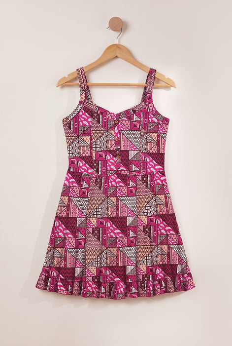 Geometric Print Frill Hem Mini Dress