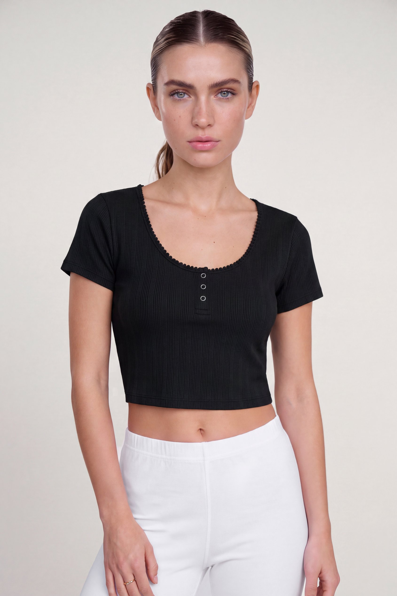 Enorsia Women's Black Ribbed Button-Up Short Sleeve T-Shirts - Uk 8