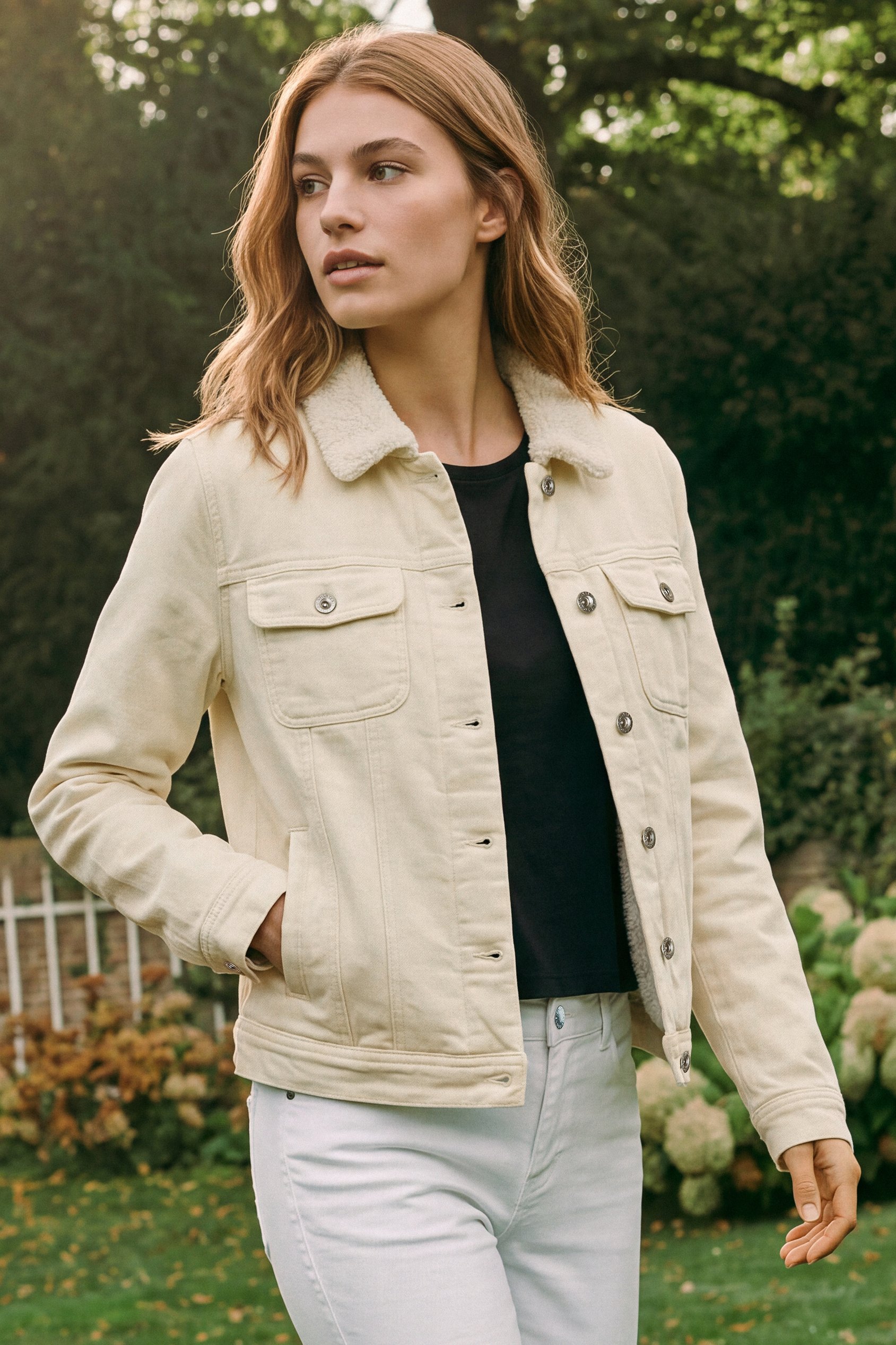 Enorsia Women's Ecru Borg Lined White Denim Jacket | : Size 8 - Image 2