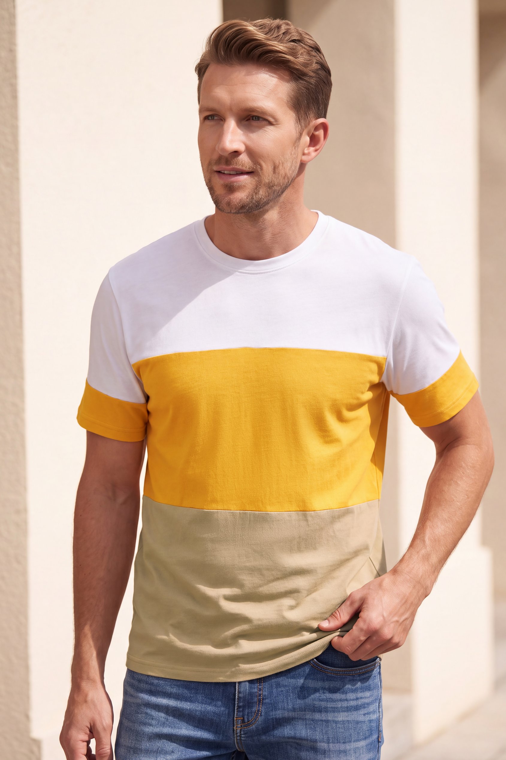 Enorsia Men's White Colour Block T-Shirt - Uk M