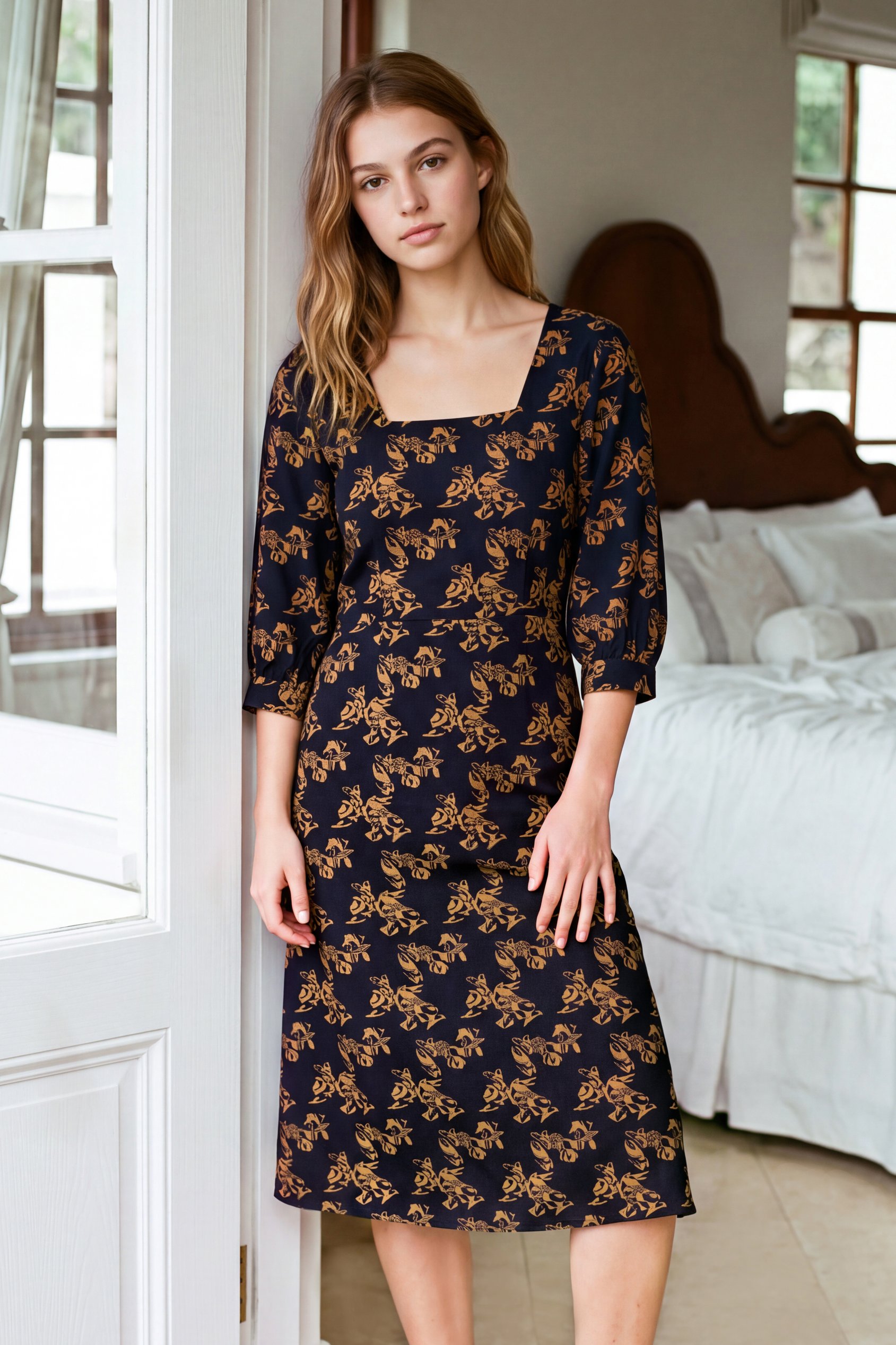 Enorsia Women's Black Floral Square Neck Midi Dress - Uk 8