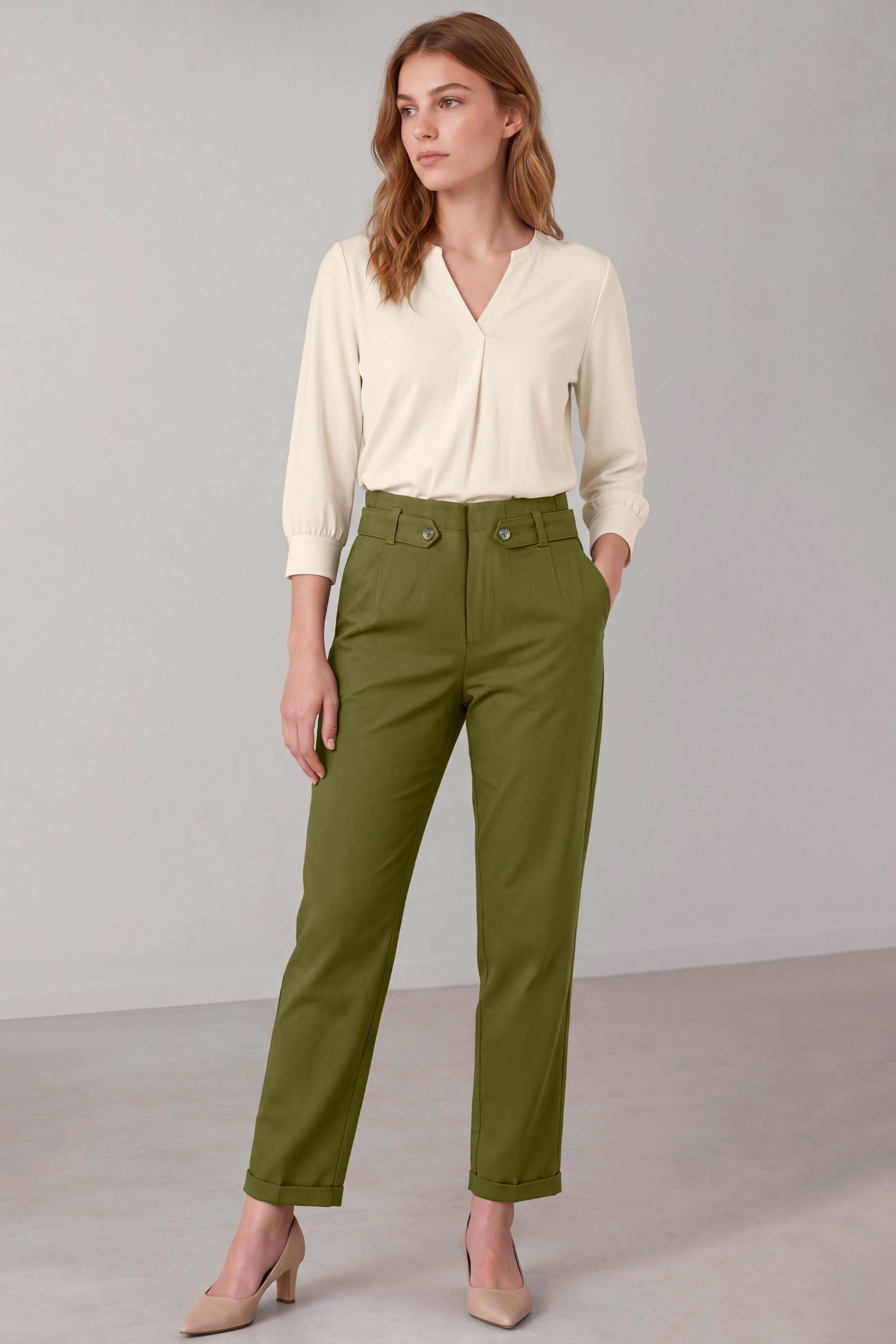 Enorsia Women's Olive Stretch Tapered Trousers - Uk 8