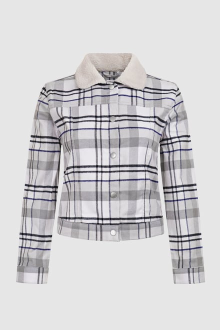 Plaid Check Borg Collar Cropped Shacket